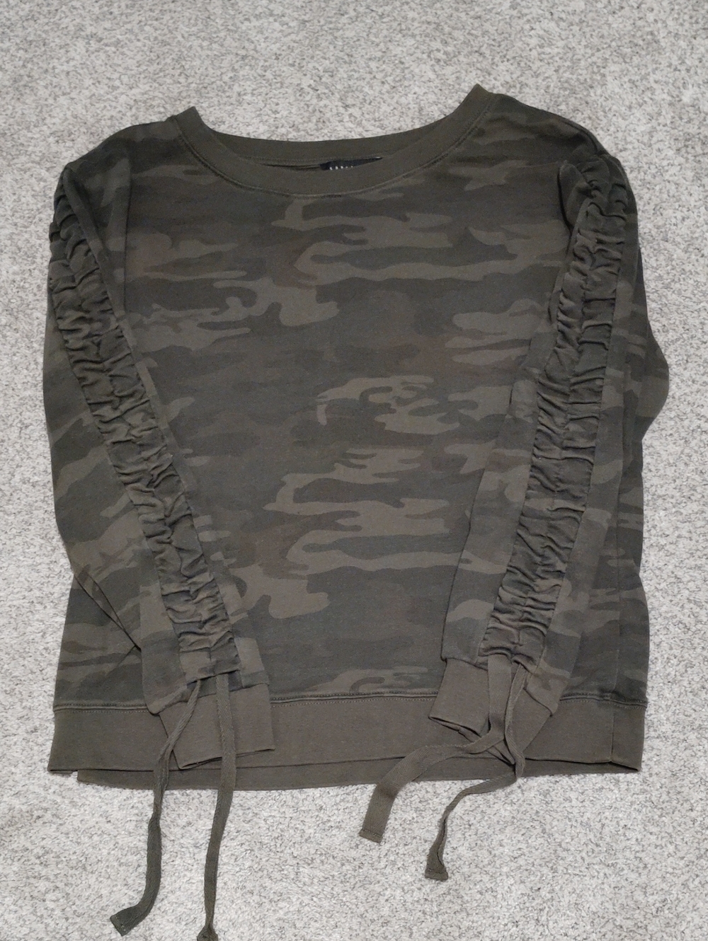 Sanctuary Olive Camo Ruffle-Trim Pullover